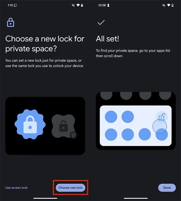 Android 15 hiển thị tính năng Private Space, và biểu tượng khóa an toàn